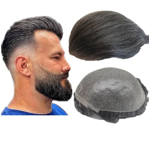Miniatura 18 de 1B20 unidades de cabello gris Toupee para hombres piezas para hombre NLW sistema de reemplazo de heredero humano europeo para hombres 10x8 "toupee