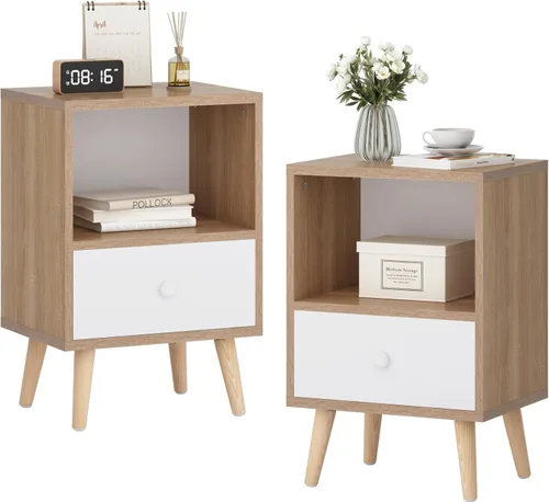 JAXPETY Juego de 2 mesitas de noche modernas de madera, mesita de noche con cajón, muebles de noche, mesa auxiliar con estante abierto y patas de