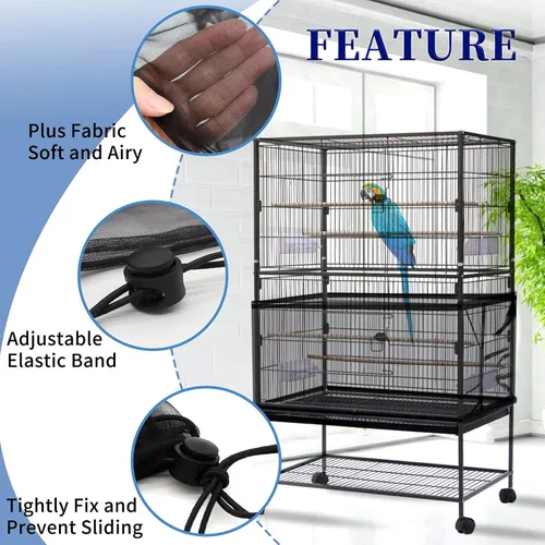 Miniatura 4 de Daoeny Cubierta grande para jaula de pájaros, protector de semillas para jaula de pájaros, red de malla de nailon suave y aireada ajustable, Negro