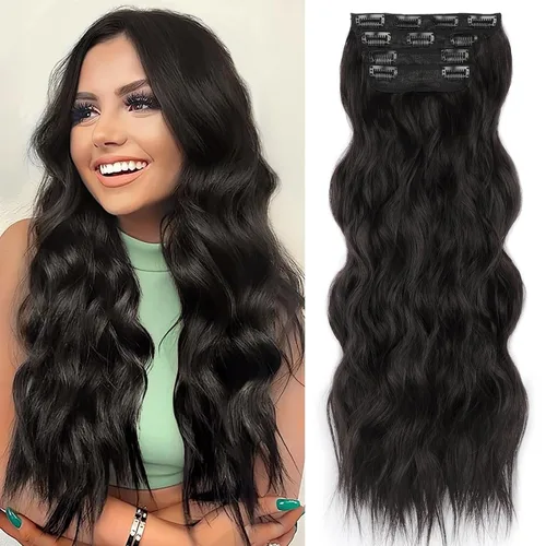 Miniatura 36 de ALXNAN Extensiones de cabello sintético largo y ondulado con clip, de 16 pulgadas, color negro natural, 4 piezas gruesas, fibra de doble trama
