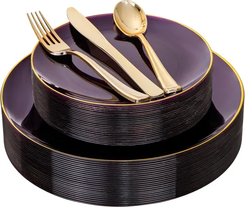 Miniatura 12 de YOUBET 125 piezas de platos de plástico negros y dorados - Platos desechables negros con borde dorado - Incluye 25 platos de cena, 25 platos