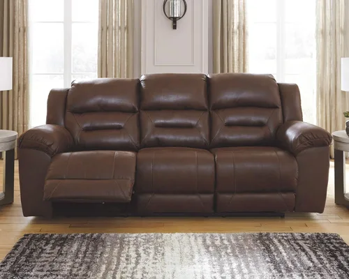 Signature Design by Ashley Stoneland - Sofá biplaza reclinable manual de piel sintética con consola central, color marrón claro Gris