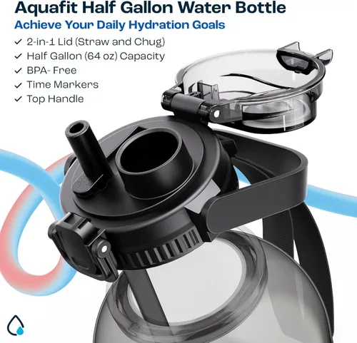 Miniatura 2 de AQUAFIT Botella de agua de 64 onzas con marcador de tiempo - Pajilla y tapa de trago 2 en 1 - Botella de agua grande sin BPA con pajilla - Botella