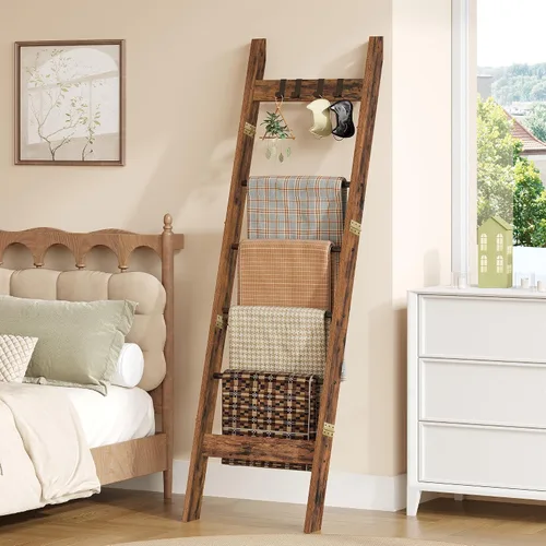 Miniatura 15 de Hzuaneri Escalera para manta para sala de estar, estante decorativo para edredón con 4 ganchos extraíbles, 5 niveles de soporte de escalera de Blanco