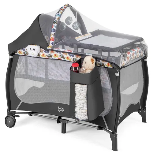 BABY JOY Paquete 4 en 1 Juega y Duerme, Corral portátil para bebé con moisés, dosel ajustable, mesa de cambio, ruedas con bloqueo, caja de música,