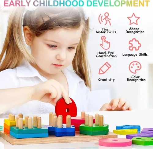 Miniatura 5 de Juguetes de clasificación y apilamiento de madera, juguetes Montessori para niños de 1, 2, 3 años, rompecabezas clasificador de formas con 24
