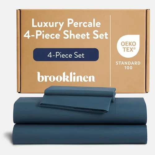 Brooklinen Juego de sábanas de percal de lujo, 4 piezas, sábanas de cama 100% algodón, 1 sábana bajera y 1 sábana encimera, 2 fundas de almohada,