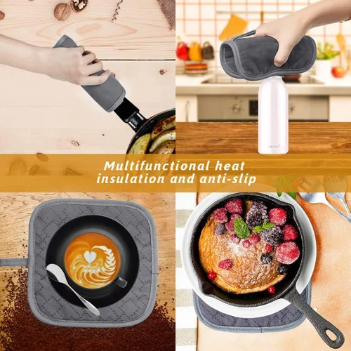 Miniatura 4 de Juego de 4 guantes de horno y soportes para ollas, guantes de horno resistentes al calor 572F, forro de algodón suave con superficie antideslizante