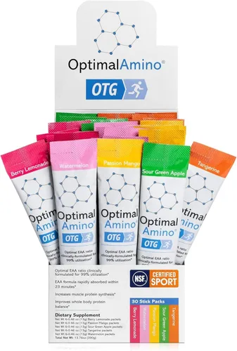 OptimalAmino OTG Stick Packs - Paquete de 5 sabores variados (30 unidades), suplemento de aminoácidos esenciales (EAA) al 99 %, aumenta la