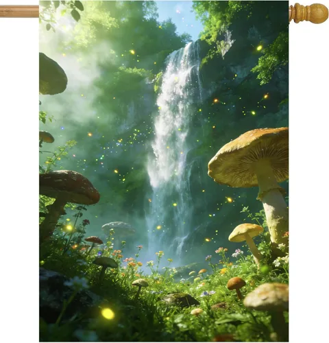 Miniatura 10 de Bandera de jardín de otoño con diseño de cuentos de hadas de fantasía, árbol, puesta de sol, mariposas, hierba, 12 x 18 pulgadas, pequeña, vertical