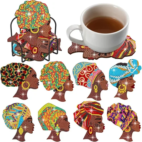 8 posavasos de pintura de diamantes afroamericanos con soporte para mujeres negras, kits de arte de diamantes para adultos, principiantes,