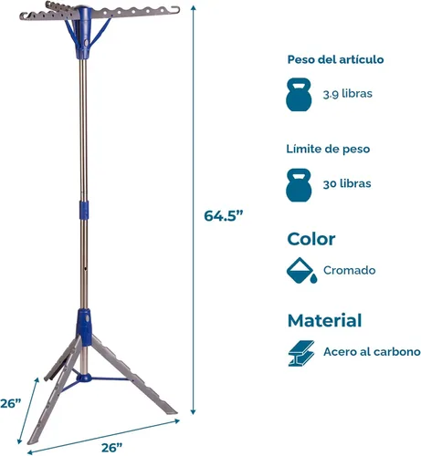 Miniatura 6 de Honey-Can-Do Trípode de secado de ropa de acero de 64 pulgadas plegable – Estante de ropa colapsable que ahorra espacio, soporte para secadora