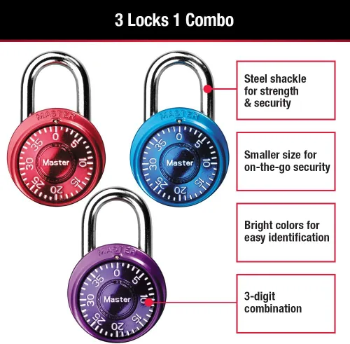 Miniatura 2 de Master Lock 1533TRI mini candados de combinación en azul, morado y rojo, paquete de 3, Púrpura, 1533TRI