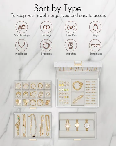 Miniatura 3 de Vlando Joyero grande de 4 capas Organizador de joyas, organizador de joyero para cajón, collar, anillo, pulsera y reloj, regalo de cumpleaños