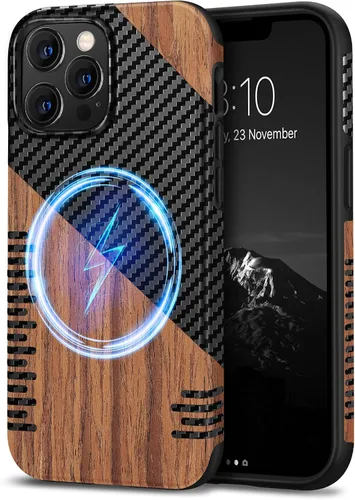 Miniatura 9 de TENDLIN Compatible con iPhone 13 Pro Max, funda de grano de madera con textura de fibra de carbono, funda híbrida de cuero compatible con iPhone 13