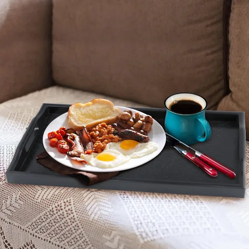 Miniatura 5 de MDLUU Juego de 3 bandejas de plástico para servir con asas recortadas, bandeja rectangular para mayordomo para desayuno en la cama, mesa de café