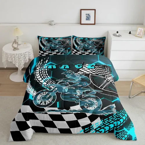Miniatura 41 de Erosebridal Juego de edredón individual de motocicleta de carreras para niños, juego de ropa de cama de panal con luces de neón azules, motocross