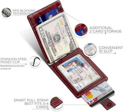 Miniatura 46 de SERMAN BRANDS - Billetera sencilla de cuero genuino con bloqueo RFID para hombre, billetera delgada con bolsillo frontal y clip para dinero