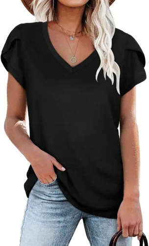 WIHOLL Camisetas casuales de verano con cuello en V y mangas cortas tipo pétalo para mujer
