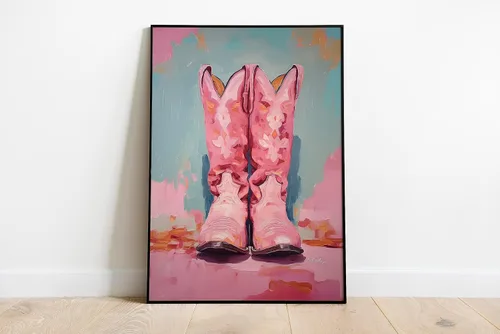 Miniatura 4 de TwoDays Botas de vaquera rosadas para decoración de habitación, pinturas femeninas del oeste para apartamento, botas de vaquero costero, impresiones