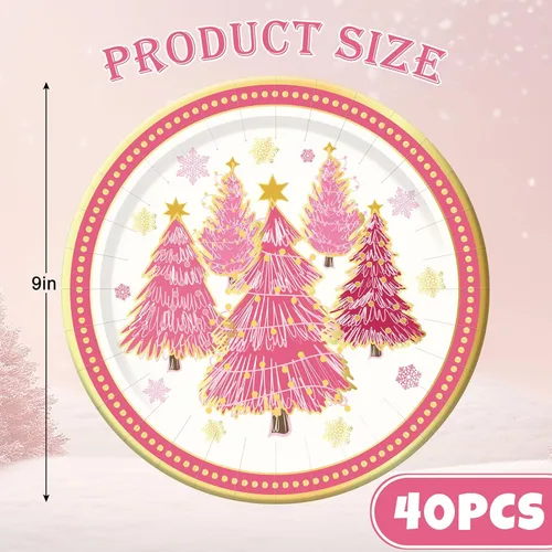 Miniatura 2 de 40 platos de Navidad de 9 pulgadas, platos de papel desechables de papel de lámina dorada, platos de fiesta de árbol de Navidad rosa para fiestas