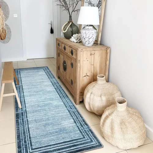 Miniatura 17 de Alfombra de pasillo moderna abstracta Lahome, alfombra lavable turquesa de 2 x 6 pulgadas para entrada, alfombra antideslizante de bajo pelo
