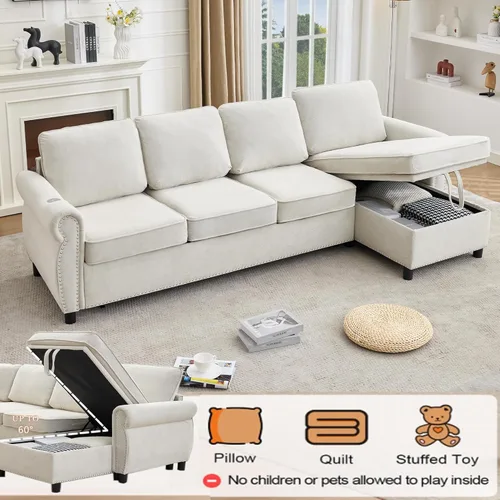 Miniatura 4 de 106" L Shaped Pull Out Sofa Bed, Modern Modular 4 Seater Storage Couch, 2-in-1 Sleeper Sofa Bed with Reversible Chaise and Wireless&USB Ports