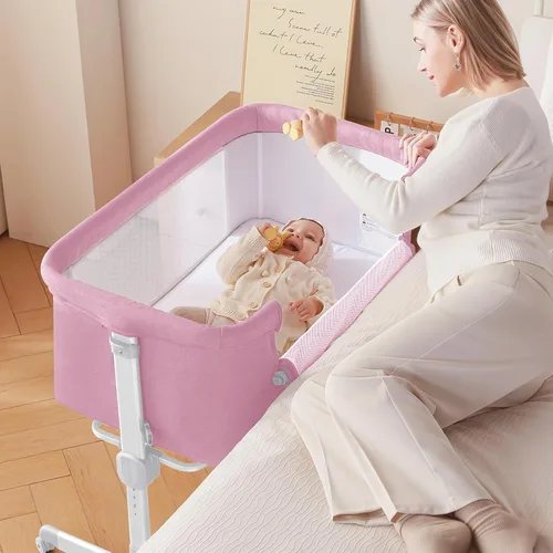 Larex Cuna de Bebé, Cunas 3 en 1 Durmiente de Cabecera para Recién Nacido, Cuna Portátil Ajustable 7 Alturas Cuna de Cabecera con Colchón y Ruedas