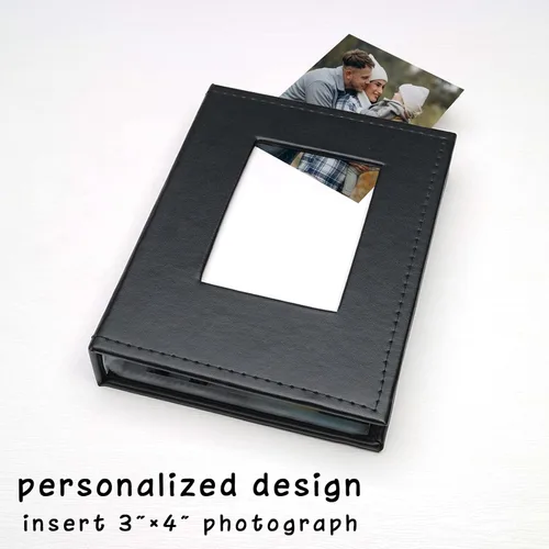 Miniatura 2 de Álbum de fotos pequeño de 4 x 6 pulgadas, paquete de 2 libros de fotos de cuero, cada mini álbum de 26 páginas tiene capacidad para 52 fotos, Negro