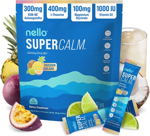 Miniatura 9 de Nello Supercalm - Mezcla de bebida en polvo, reductor de cortisol y ayuda para dormir, L Teanina, Ashwagandha Ksm-66, Magnesio Glicinato, Vitamina