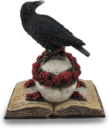 Miniatura 3 de Zeckos Estatua de resina pintada a mano de cuervo místico sobre un cráneo cubierto de rosas, encaramado sobre el libro de poesía de 'The Raven', una