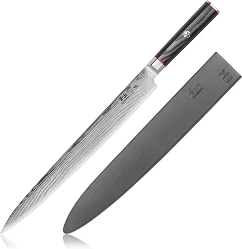 Cangshan YARI Series 501301 - Cuchillo Sashimi de 12 pulgadas con funda, acero de Damasco X-7