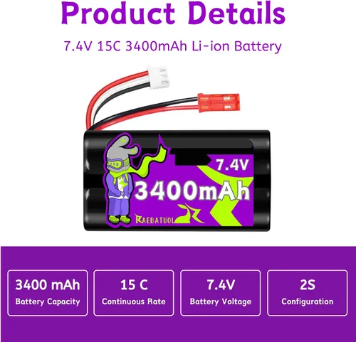 Miniatura 2 de 2 baterías recargables de iones de litio de 7.4 V 3400 mAh JST Plug (rojo) para ciertos controles remotos Speed Truggy RC Boat Drone Airsoft Water