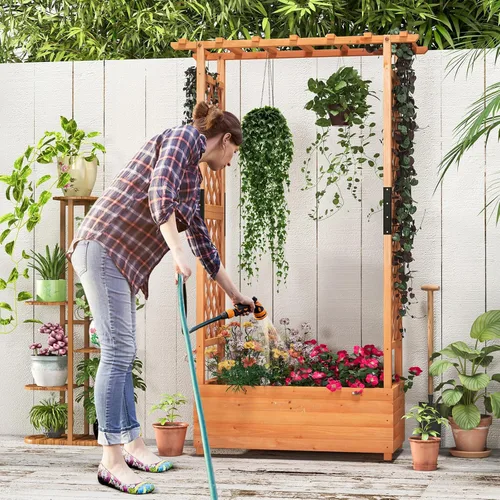 Miniatura 3 de Giantex Cama de jardín elevada con enrejado y techo colgante, jardinera de madera con parte inferior y agujeros de drenaje, maceta de jardín