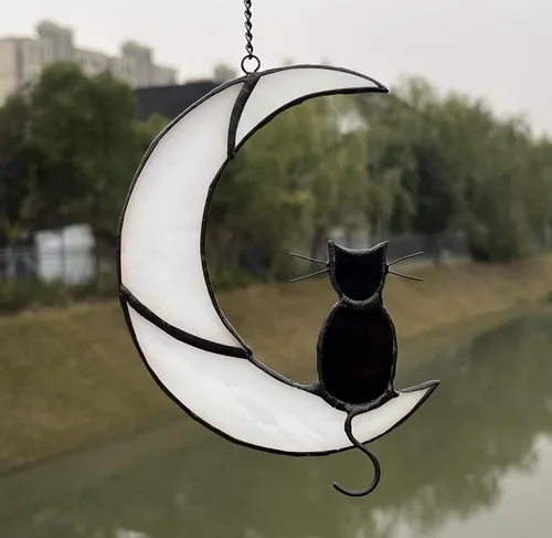 Miniatura 2 de Decoración de gato negro en luna blanca con vitrales colgantes para ventanas, paneles de ventanas, atrapasoles, adorno de Halloween, regalo
