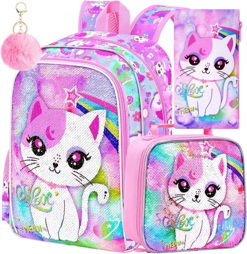 Miniatura 14 de KLFVB 3 mochilas de sirena de unicornio para niñas, bolsa de libros y lonchera de lentejuelas de 16 pulgadas, mochilas preescolares para primaria