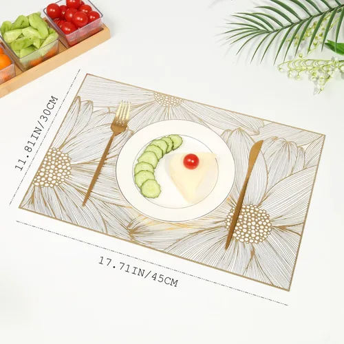 Miniatura 2 de Juego de 6 manteles individuales cuadrados dorados para mesa de comedor, de vinilo prensado, manteles individuales metálicos lavables y lavables