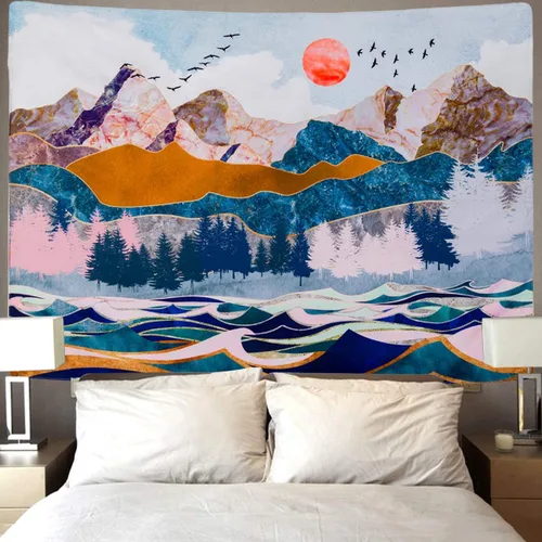 Miniatura 4 de SENNYI - Tapiz para colgar en la pared de montaña y puesta de sol, árboles, naturaleza, paisaje, decoración del hogar para habitación