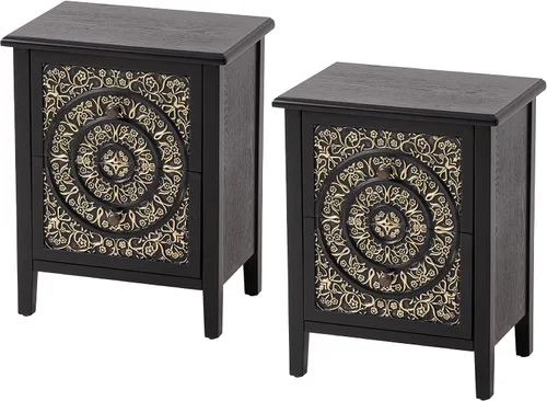 COZAYH Juego de 2 mesitas de noche con 2 cajones totalmente ensambladas con motivo floral para espacios pequeños, estilo campestre francés, moderno,