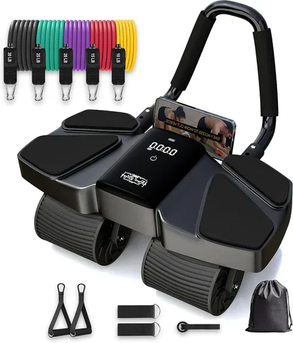 Miniatura 8 de Ab Roller - Equipo de gimnasio en casa – Rodillo muscular de 4 ruedas con pantalla LCD, 5 bandas de resistencia, correas de tobillo, anclaje