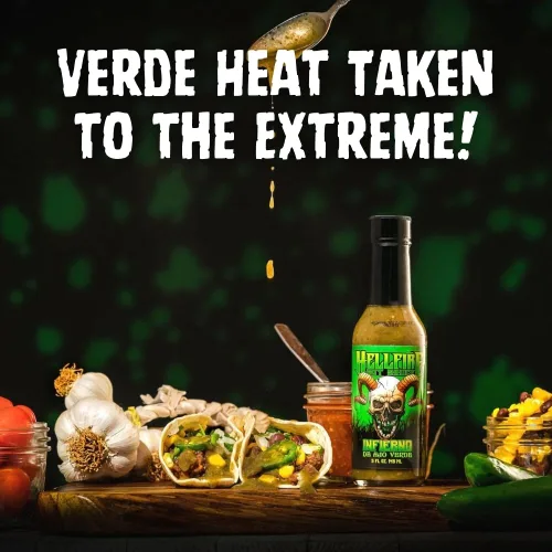 Miniatura 4 de Hellfire Hot Sauce Infierno De Ajo Verde - Salsa Verde de ajo Gourmet Salsa picante con pimientos verdes Carolina Reaper, 5 onzas