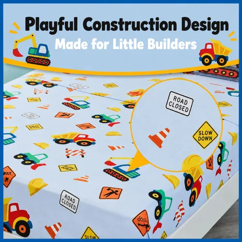 Miniatura 7 de EVERYDAY KIDS Under Construction - Juego de sábanas de tamaño individual para niños con diseño de construcción de excavadoras y camiones volquete