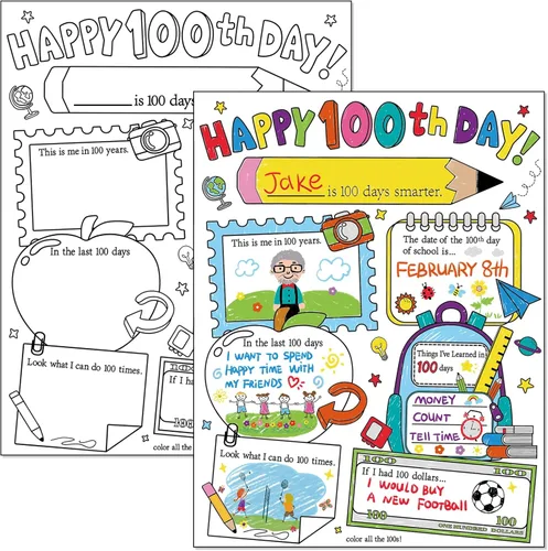 Hedeey Póster para colorear con texto en inglés «Happy 100th Day of School» para niños, estudiantes, suministros para el aula (40 unidades, 13.4 x