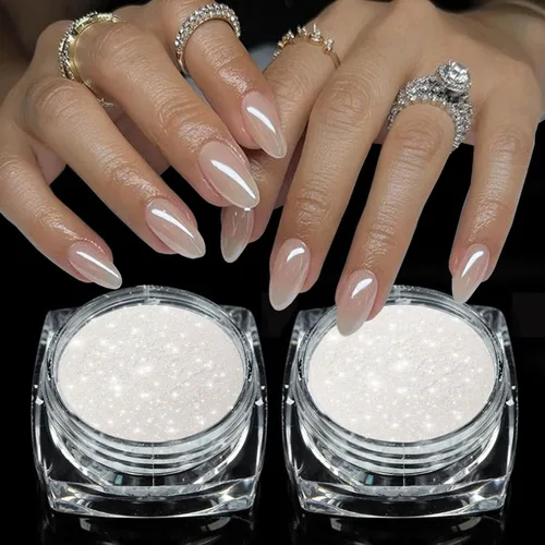 Miniatura 14 de 3 frascos de polvo de cromo perla blanca para uñas, efecto espejo de luz de luna, brillo blanco con purpurina aurora, pigmento brillante para diseño