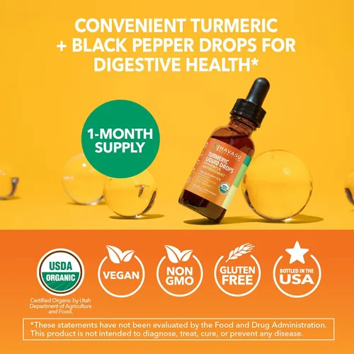 Miniatura 8 de USDA - Gotas líquidas de cúrcuma orgánica con pimienta negra, suplemento de curcumina de 1000 mg para salud inmune y digestiva, 30 porciones