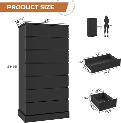 Miniatura 2 de DICTAC Cómoda Alta Negra para Dormitorio con 8 Cajones, Cómodas y Cajoneras Altas de 59.6", Organizador de Armario de Madera Moderno y Gabinete