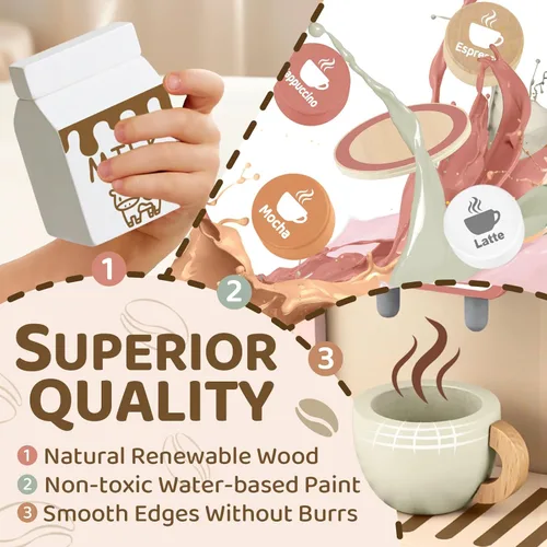 Miniatura 3 de Airlab Juego de café para niños, juego de cafetera de juguete para niños pequeños, accesorios de cocina de madera, juego de simulación para niñas