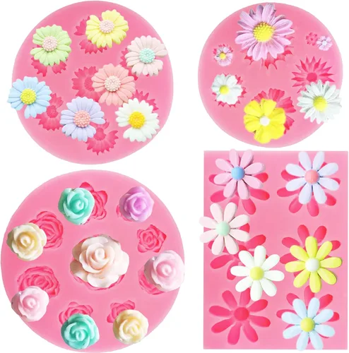 4 Piezas Moldes de Silicona de Flores Rosa Moldes de Silicona de Margarita Crisantemo Formas de Flores Pequeñas Moldes de Fondant Pastel Chocolate