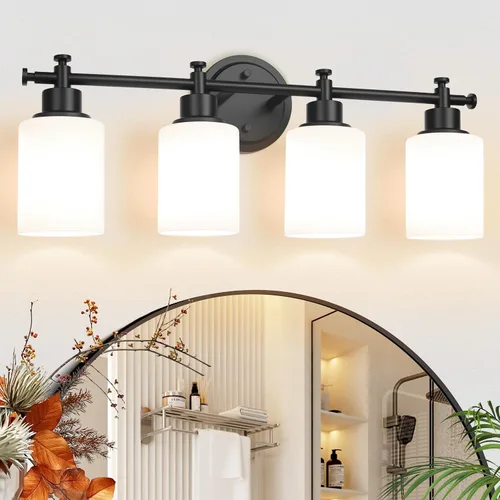 Miniatura 11 de Lámparas de baño negras de 3 luces, modernas luces de tocador sobre el espejo, apliques de pared de baño con pantalla de vidrio blanco, enchufe E26