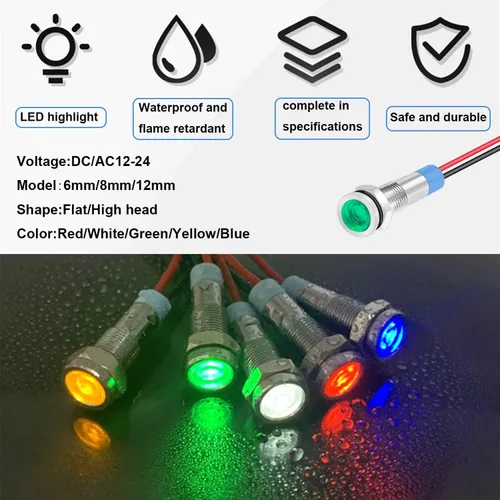 Miniatura 3 de smseace Paquete de 5 1/4'' (6mm) AC/DC12-24V Luz indicadora LED Impermeable IP65 Luces LED de 24 voltios Lámpara piloto metálica verde Luz